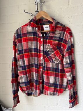 Aerie flannel red Blue Plaid Button-Up Shirt super soft cotton blend Xxs